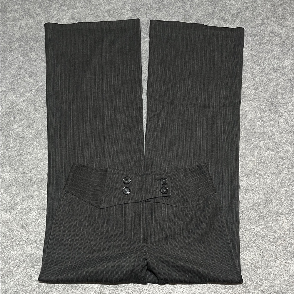 Periphery Women’s Grey Wide Leg Pinstripe Dress Pants with Button Detail